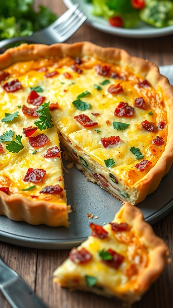 A golden-brown quiche Lorraine with bacon and cheese, garnished with parsley, served on a rustic table.